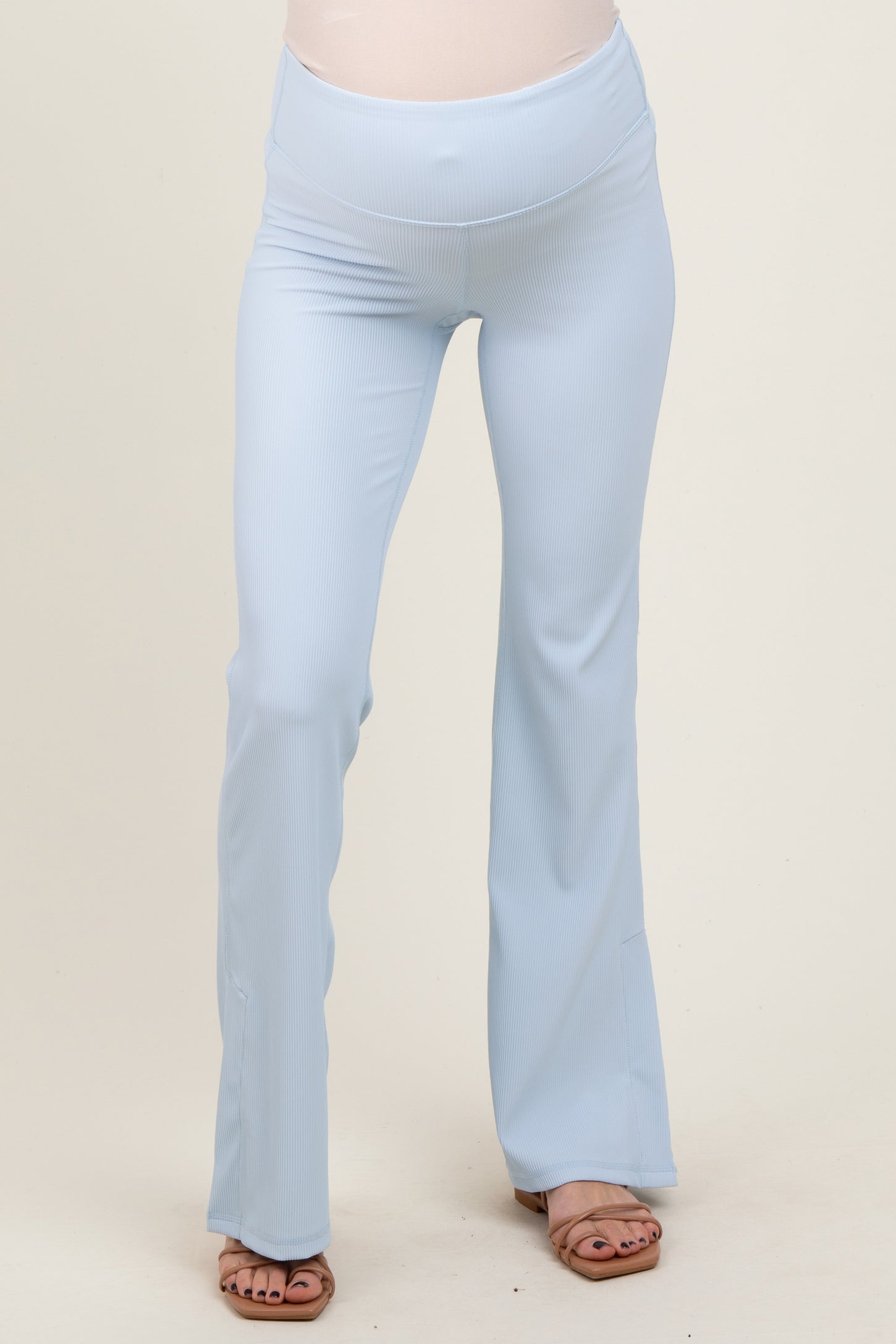 Light Blue Ribbed Split Flare Maternity Leggings