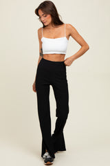 Black Ribbed Split Flare Leggings