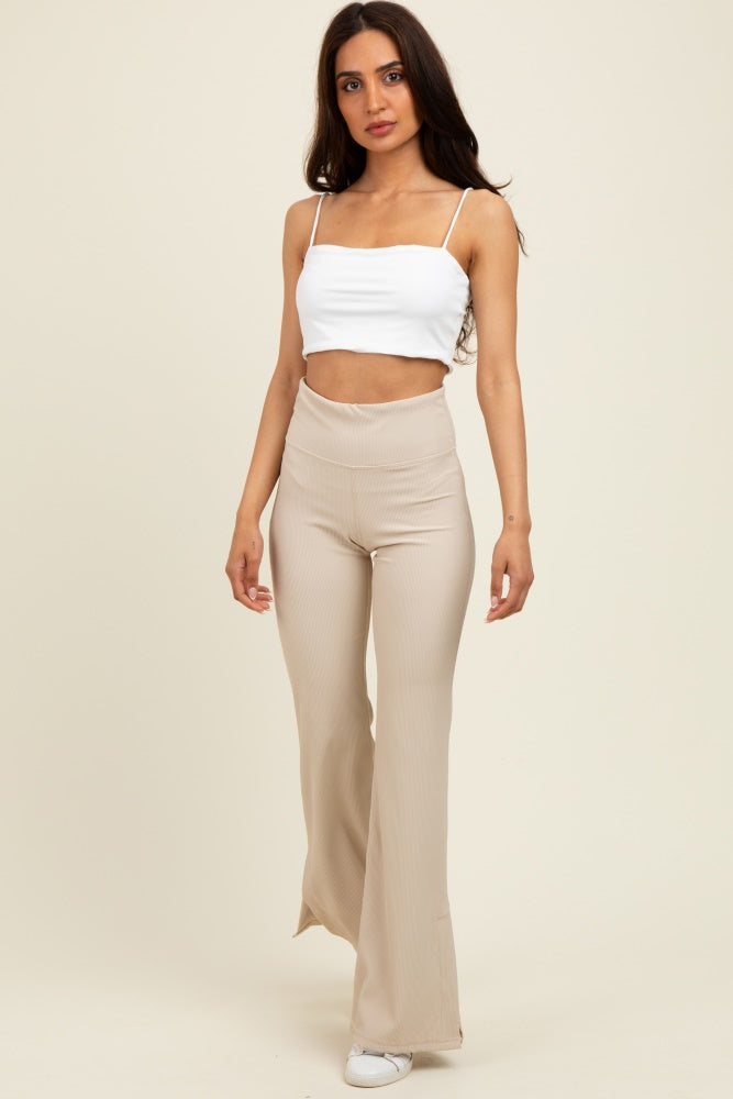 Cream Ribbed Split Flare Maternity Leggings