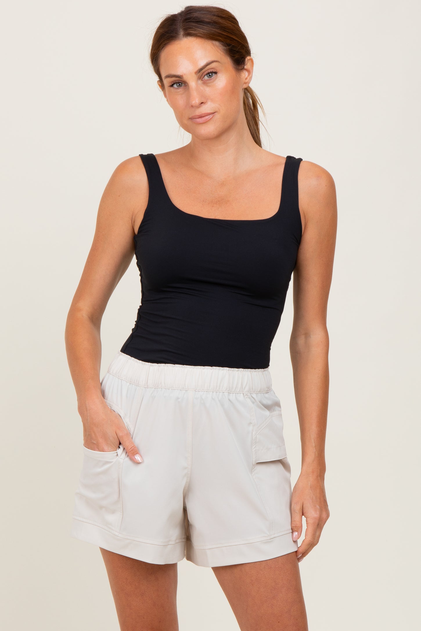 Cream Elastic Cargo Shorts