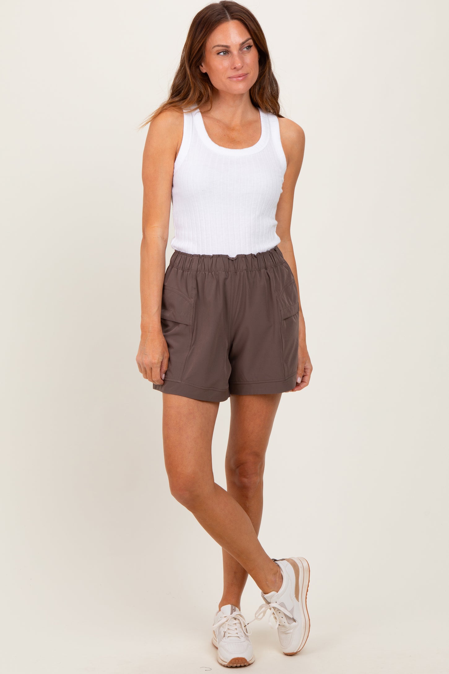 Brown Elastic Cargo Maternity Shorts