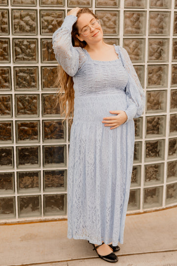 Periwinkle Lace Smocked Bubble Sleeve Maternity Maxi Dress