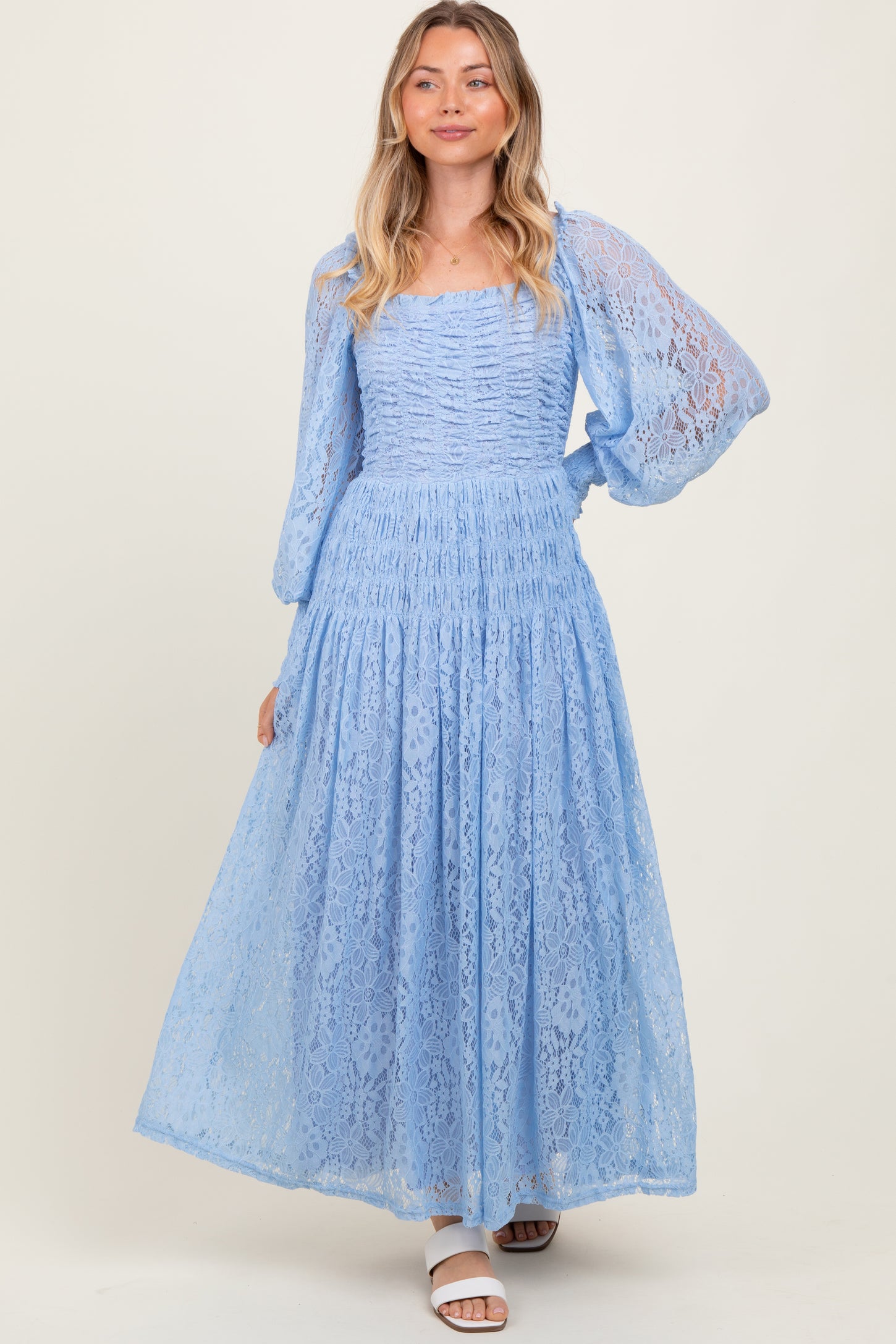 Periwinkle Lace Smocked Bubble Sleeve Maxi Dress