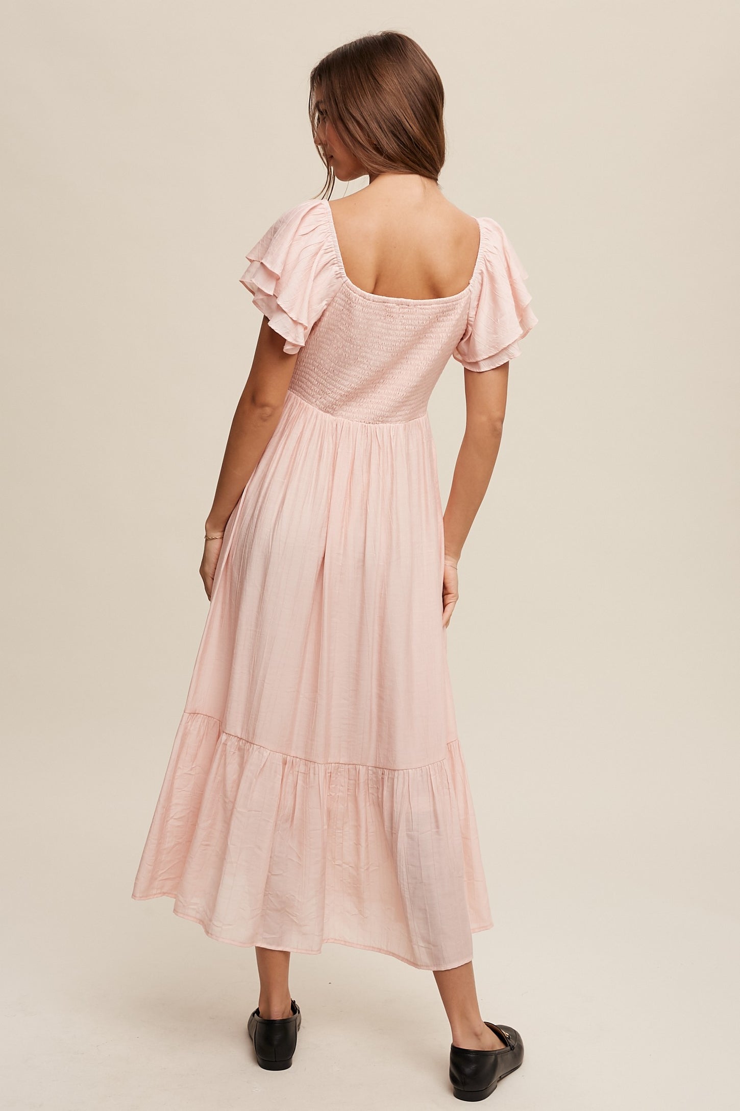 Light Pink Flutter Sleeve Midi Dress