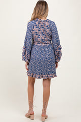 Navy Mixed Floral Tie Front Ruffle Accent Maternity Dress
