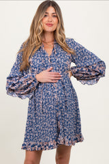 Navy Mixed Floral Tie Front Ruffle Accent Maternity Dress