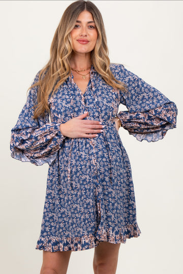 Navy Mixed Floral Tie Front Ruffle Accent Maternity Dress
