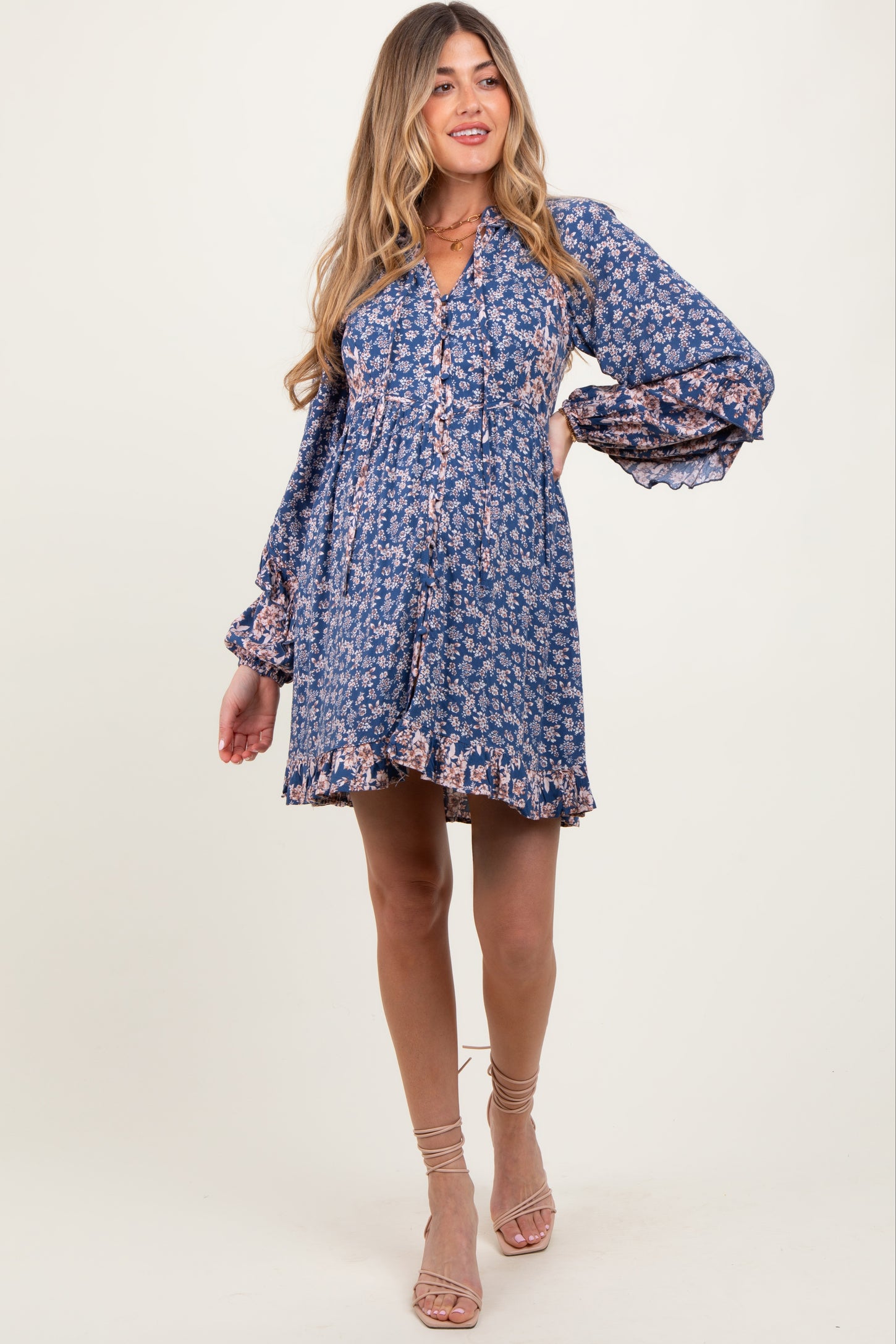 Navy Mixed Floral Tie Front Ruffle Accent Maternity Dress