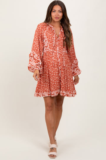 Rust Mixed Floral Tie Front Ruffle Accent Maternity Dress