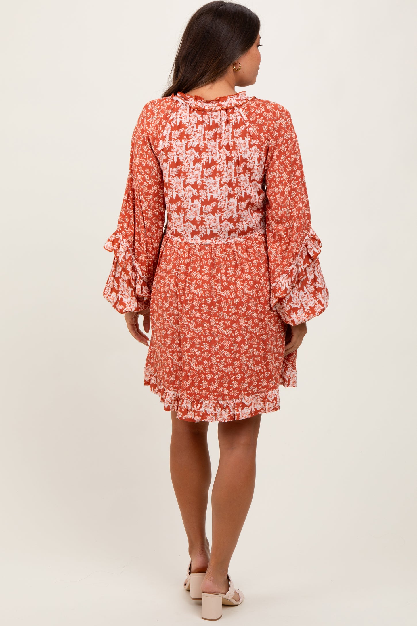 Rust Mixed Floral Tie Front Ruffle Accent Maternity Dress