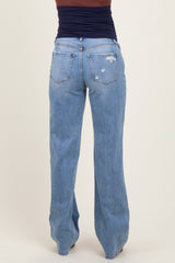 Light Blue Distressed Open Knee Straight Leg Maternity Jeans