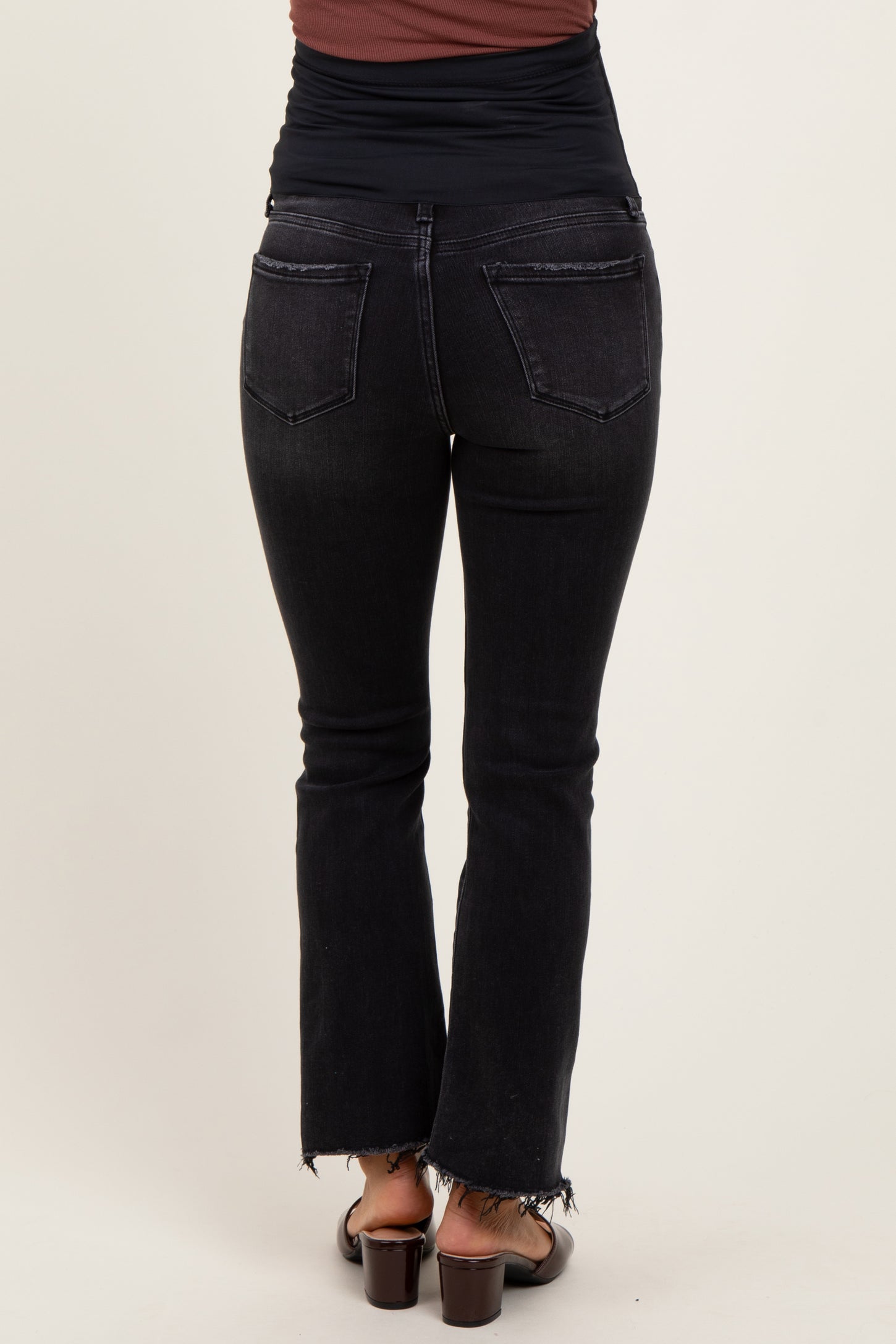 Black Washed Raw Hem Crop Flare Maternity Jeans