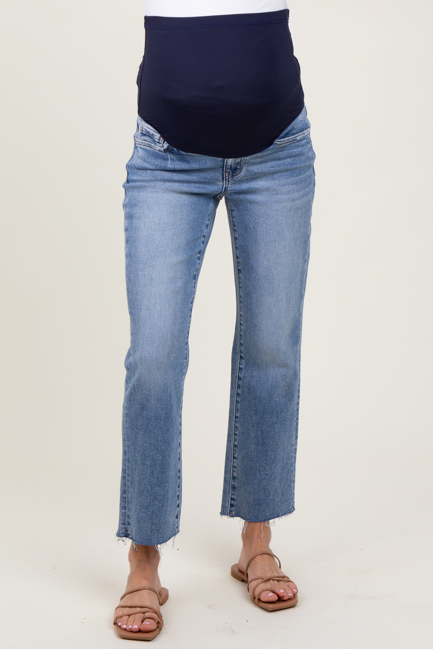 Blue Cropped Raw Hem Straight Leg Maternity Jeans