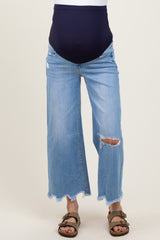 Light Blue Distressed Hem Open Knee Cropped Wide Leg Maternity Jeans