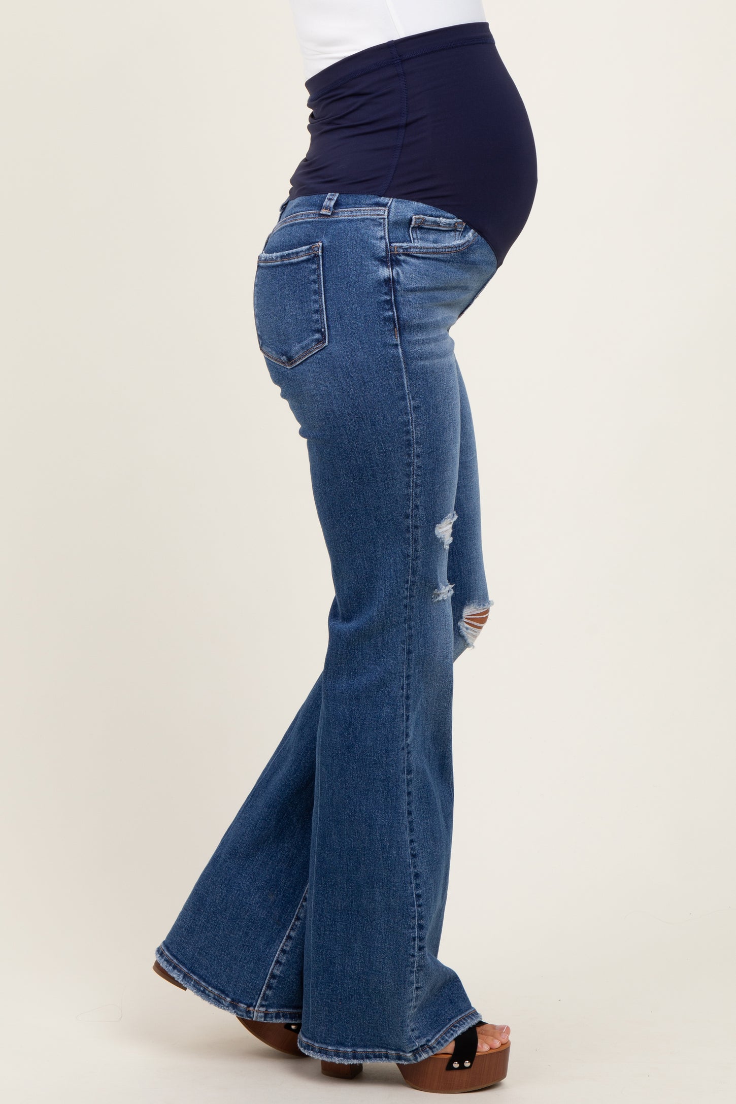 Navy Blue Distressed Maternity Flare Jeans