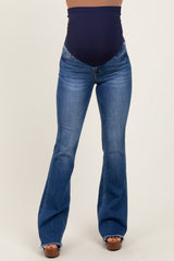 Navy Blue Fringe Hem Maternity Flare Jeans