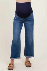 Navy Blue Cuffed Hem Wide Leg Cropped Maternity Jeans