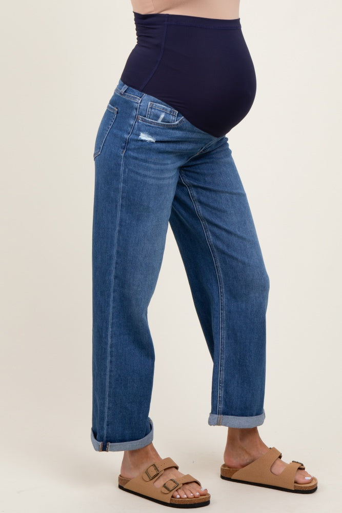 Navy Blue Cuffed Hem Wide Leg Cropped Maternity Jeans