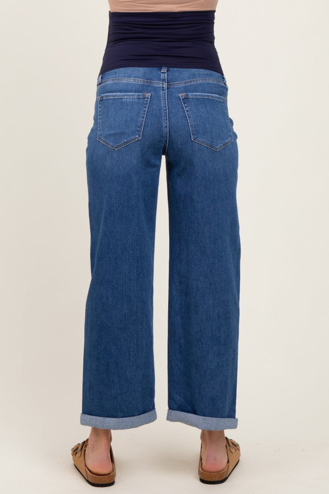Navy Blue Cuffed Hem Wide Leg Cropped Maternity Jeans
