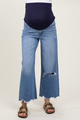 Blue Distressed Fringe Open Knee Cropped Wide Leg Maternity Jeans