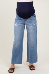 Blue Distressed Raw Hem Cropped Wide Leg Maternity Jeans