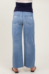 Blue Distressed Raw Hem Cropped Wide Leg Maternity Jeans