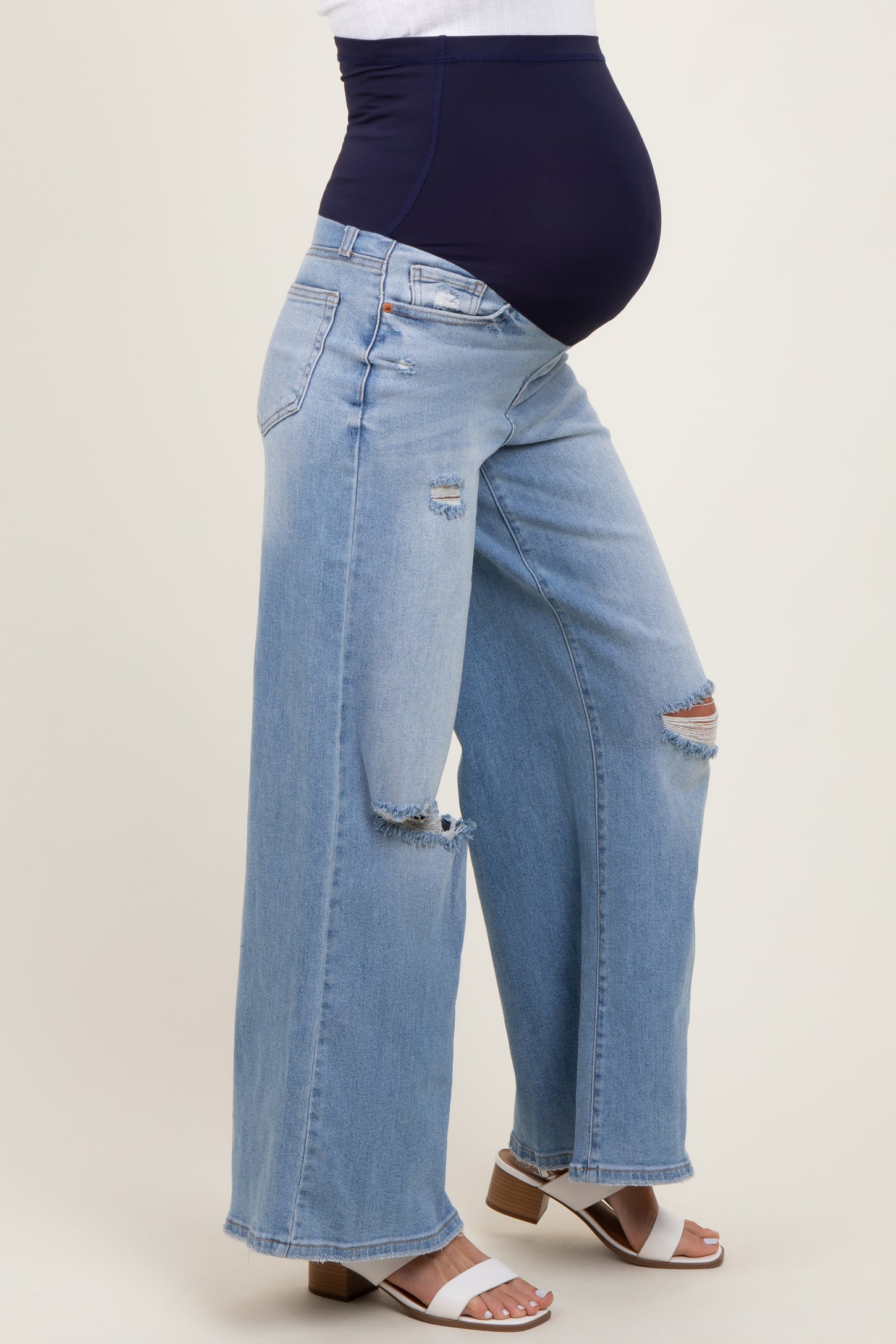 Light Blue Ripped Knee Baggy Wide Leg Maternity Jeans