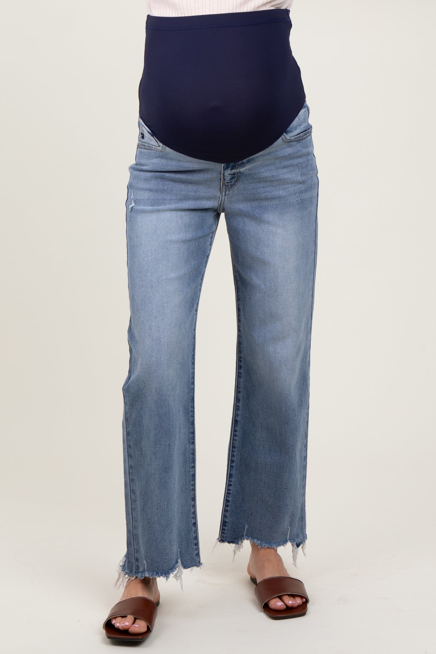 Light Blue Fringe Hem Maternity Wide Leg Jeans