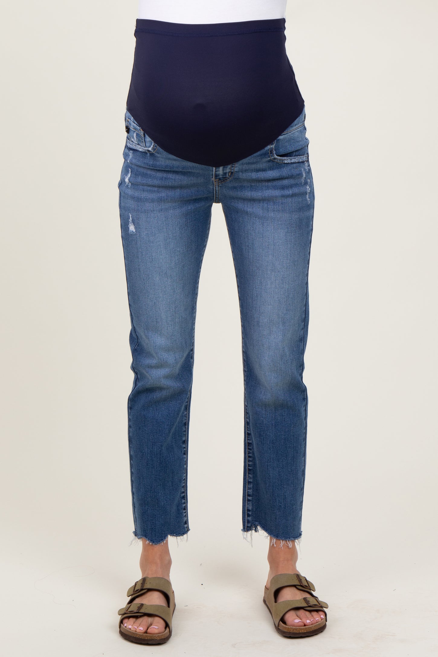 Blue Distressed Raw Hem Slim Straight Maternity Jeans
