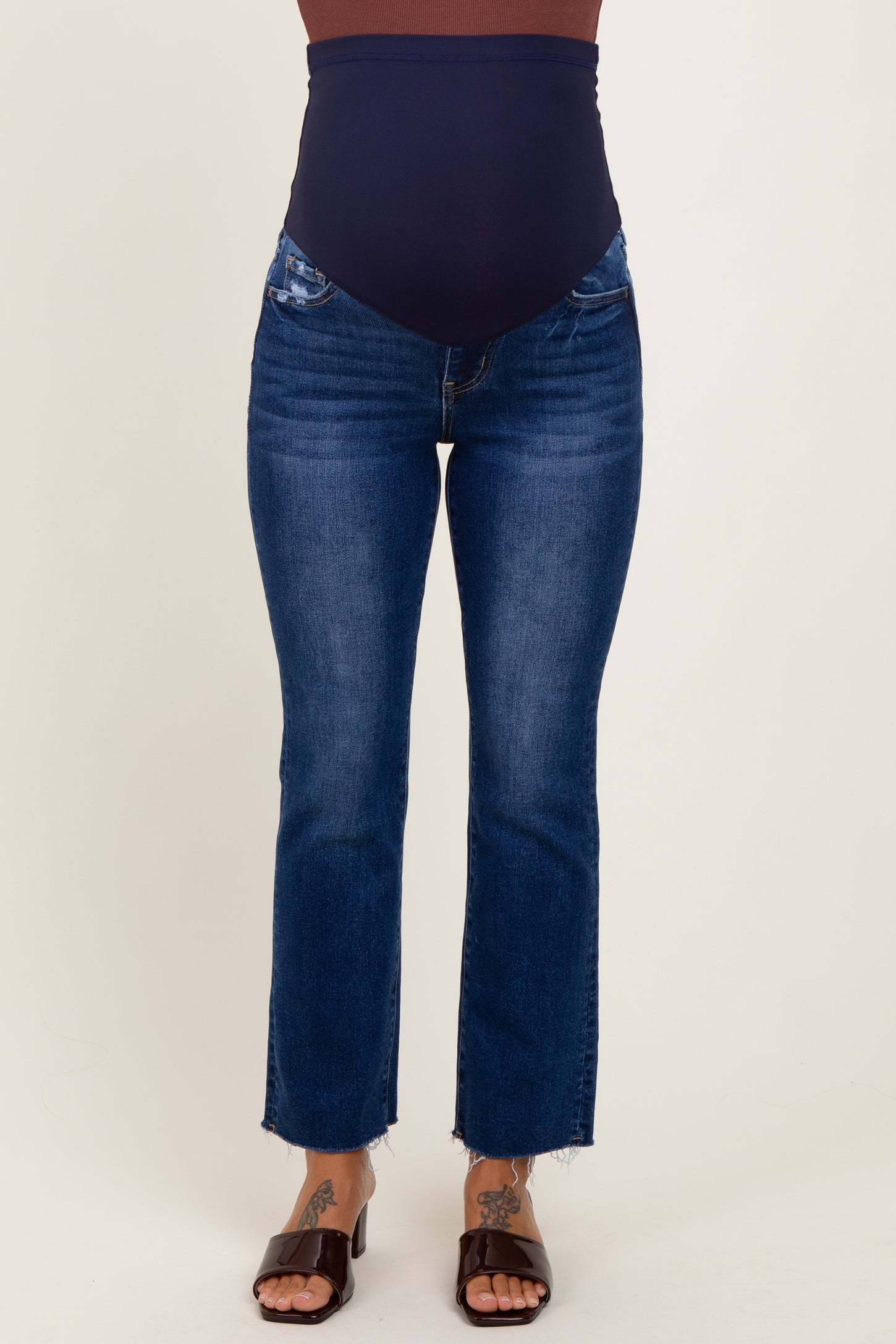 Navy Blue Cut Hem Kick Flare Maternity Jeans