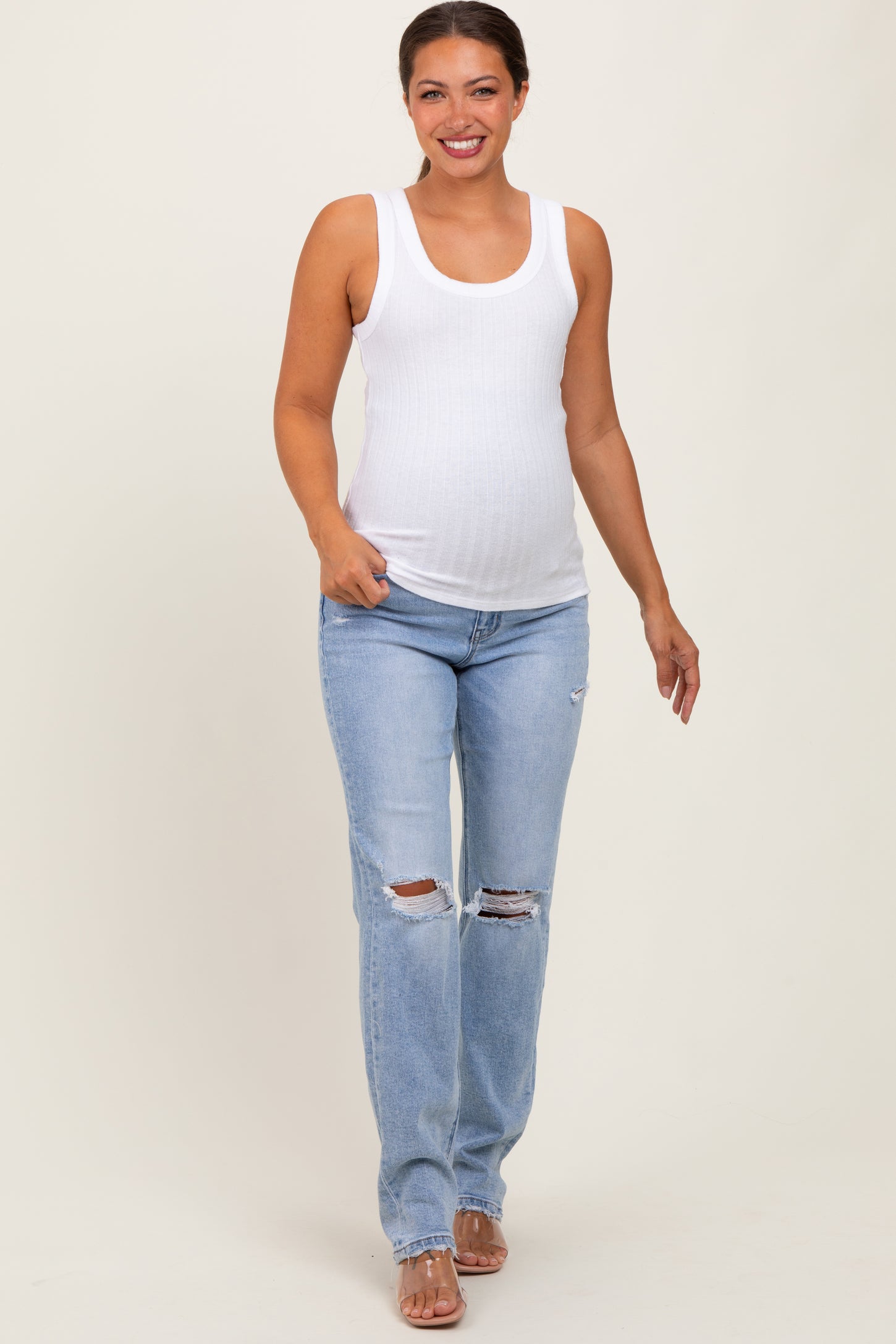 Light Blue Distressed Ripped Knee Straight Leg Maternity Jeans