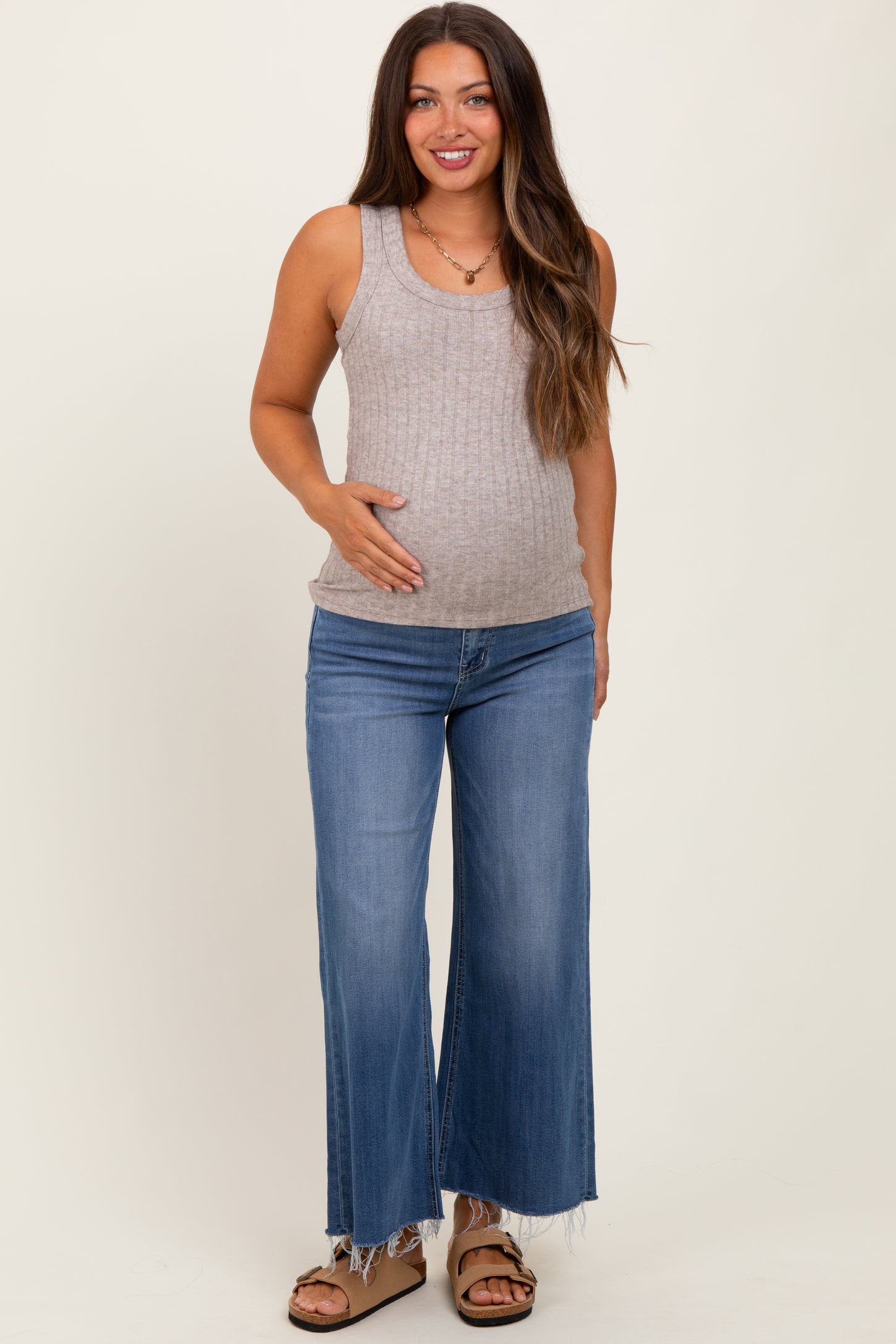 Blue Raw Hem Cropped Wide Leg Maternity Jeans