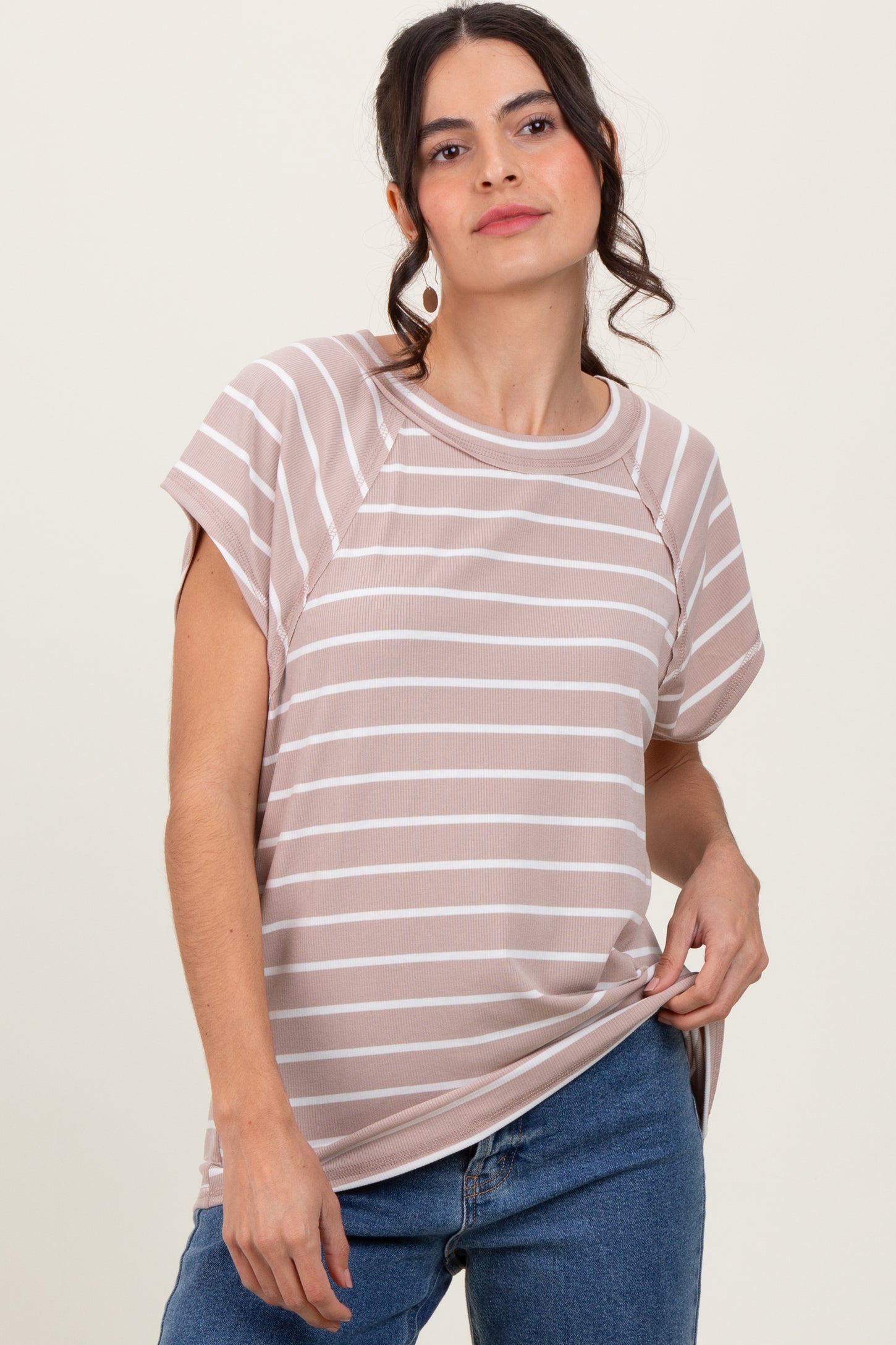 Mocha Stripe Ribbed Short Sleeve Maternity Tunic Top
