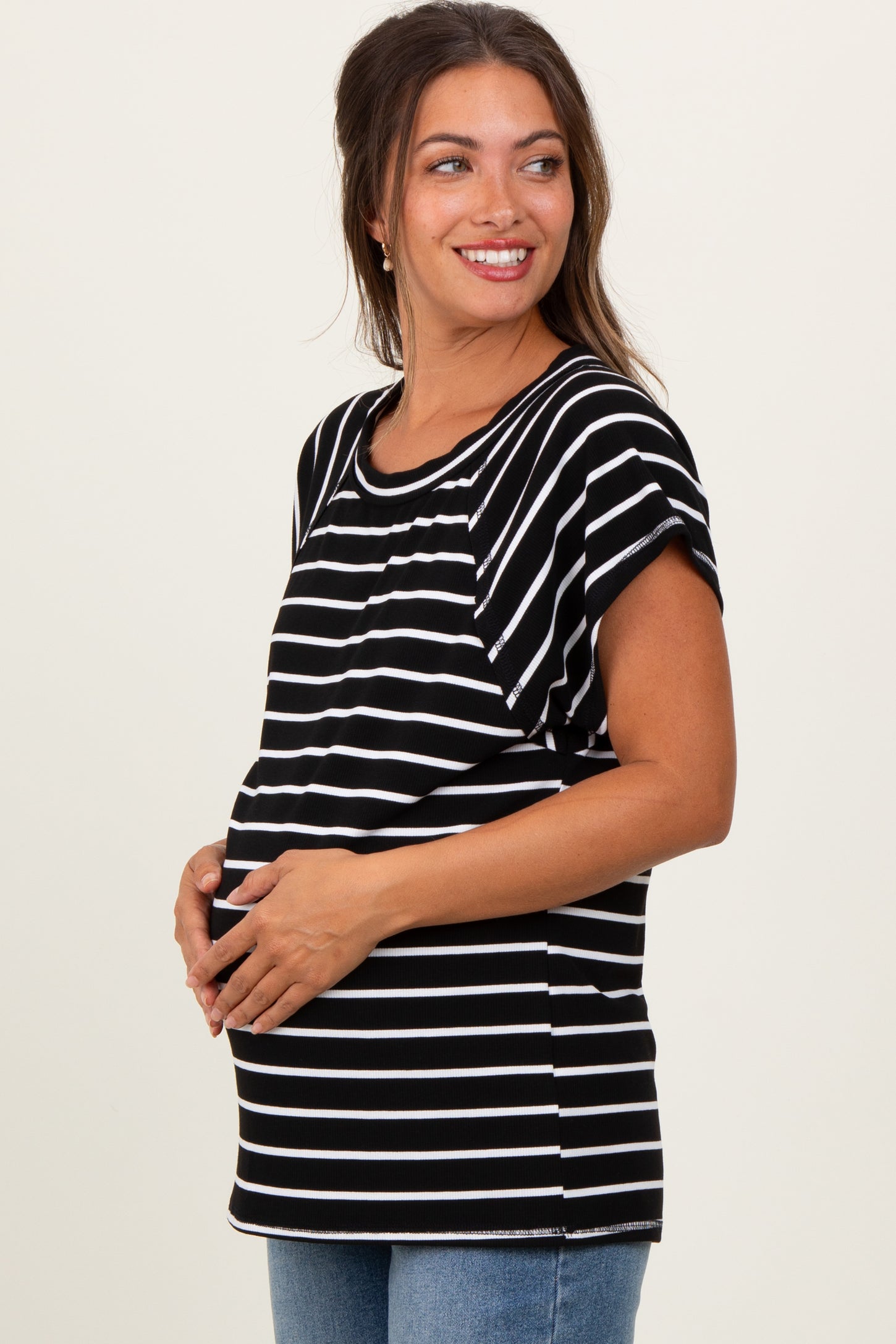 Black Stripe Ribbed Short Sleeve Maternity Tunic Top