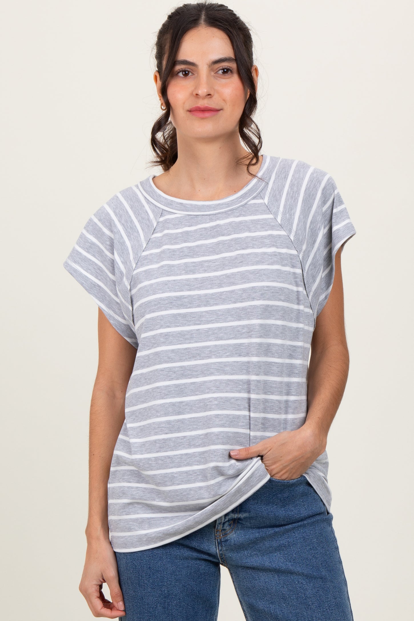 Heather Grey Stripe Ribbed Short Sleeve Maternity Tunic Top
