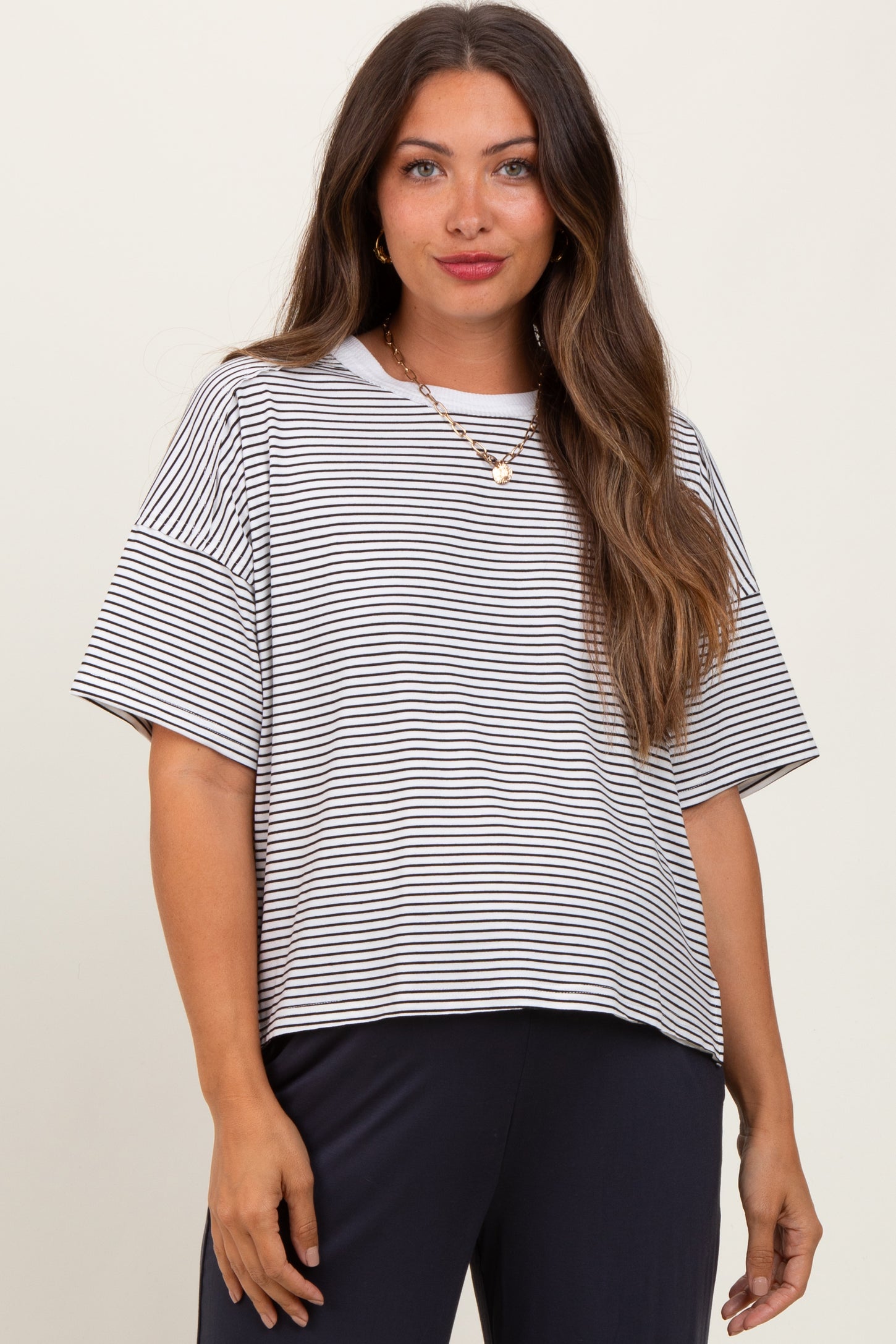 Black Striped Drop Shoulder Short Sleeve Maternity Top