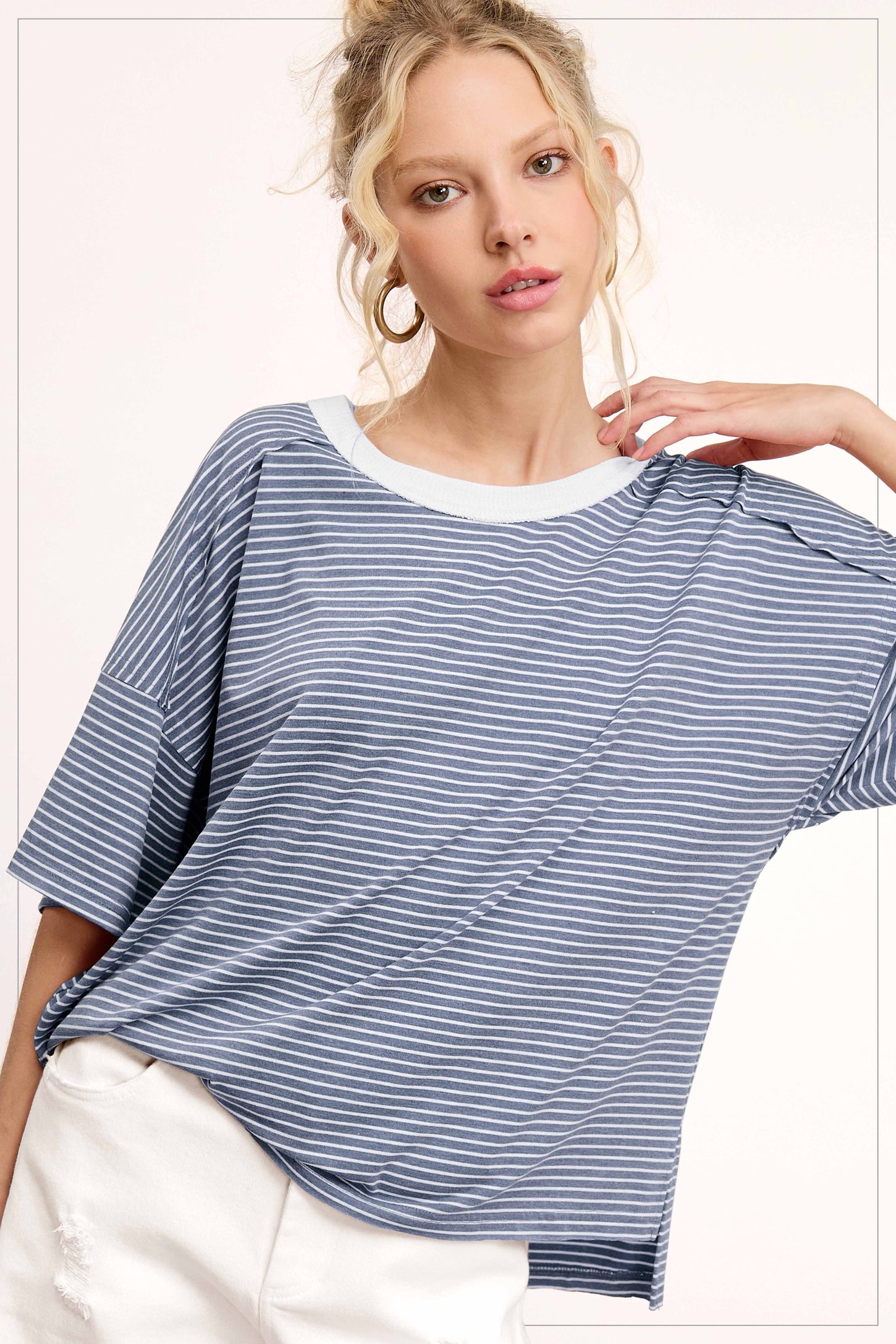 Light Navy Striped Drop Shoulder Short Sleeve Maternity Top