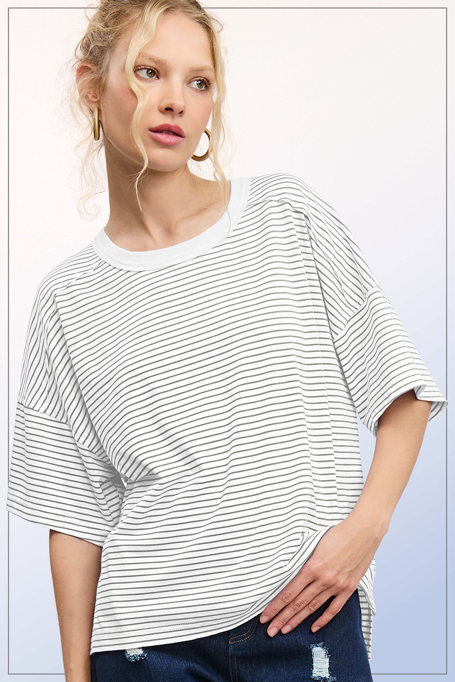 Heather Grey Striped Drop Shoulder Short Sleeve Top