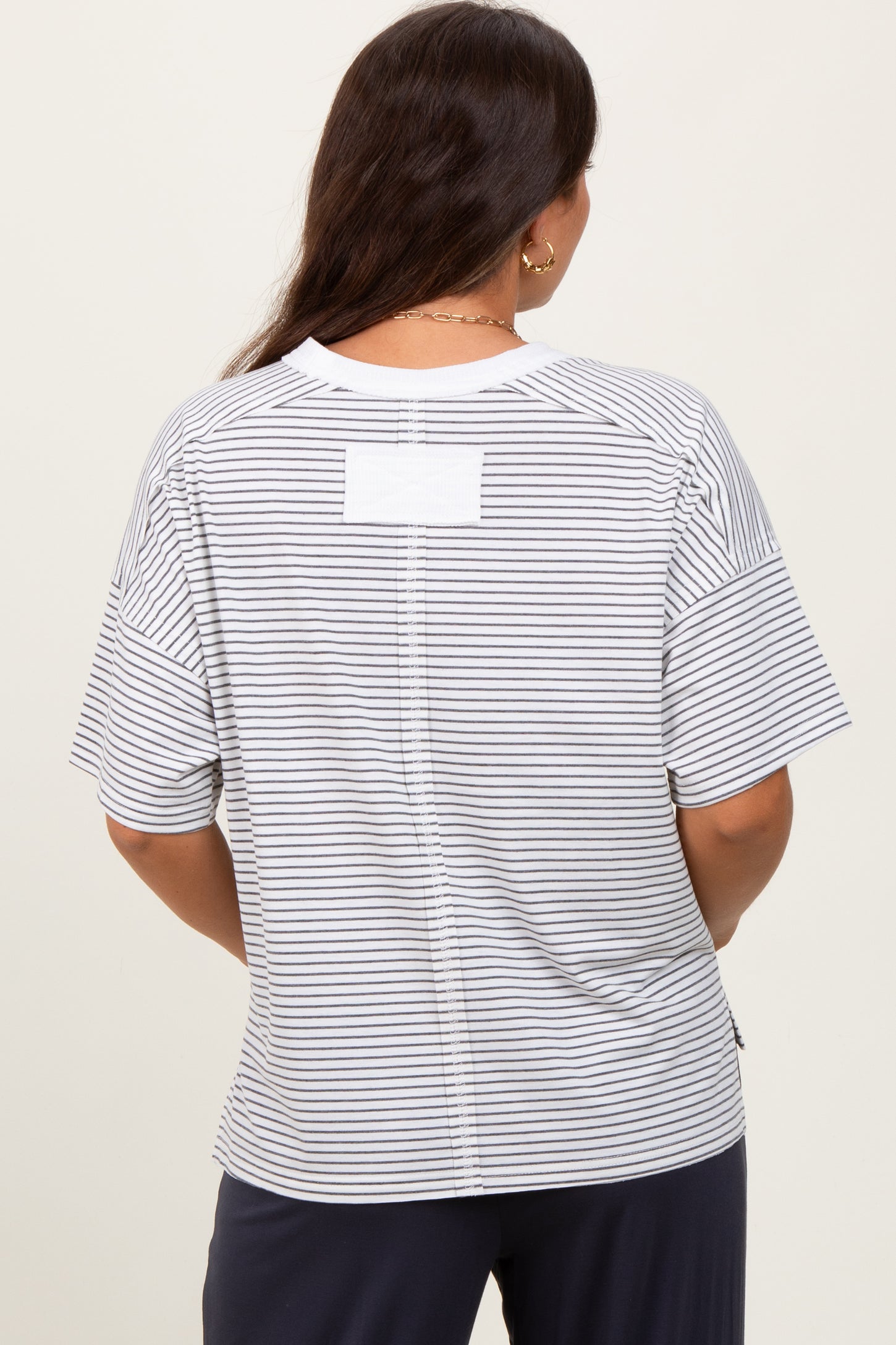 Heather Grey Striped Drop Shoulder Short Sleeve Maternity Top