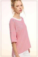 Red Striped Drop Shoulder Short Sleeve Top