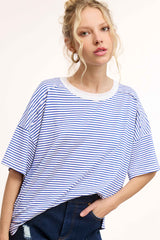 Royal Blue Striped Drop Shoulder Short Sleeve Maternity Top