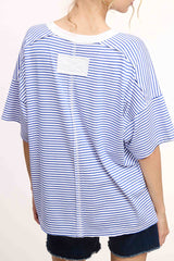Royal Blue Striped Drop Shoulder Short Sleeve Top