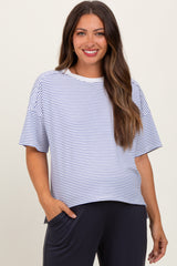 Royal Blue Striped Drop Shoulder Short Sleeve Maternity Top