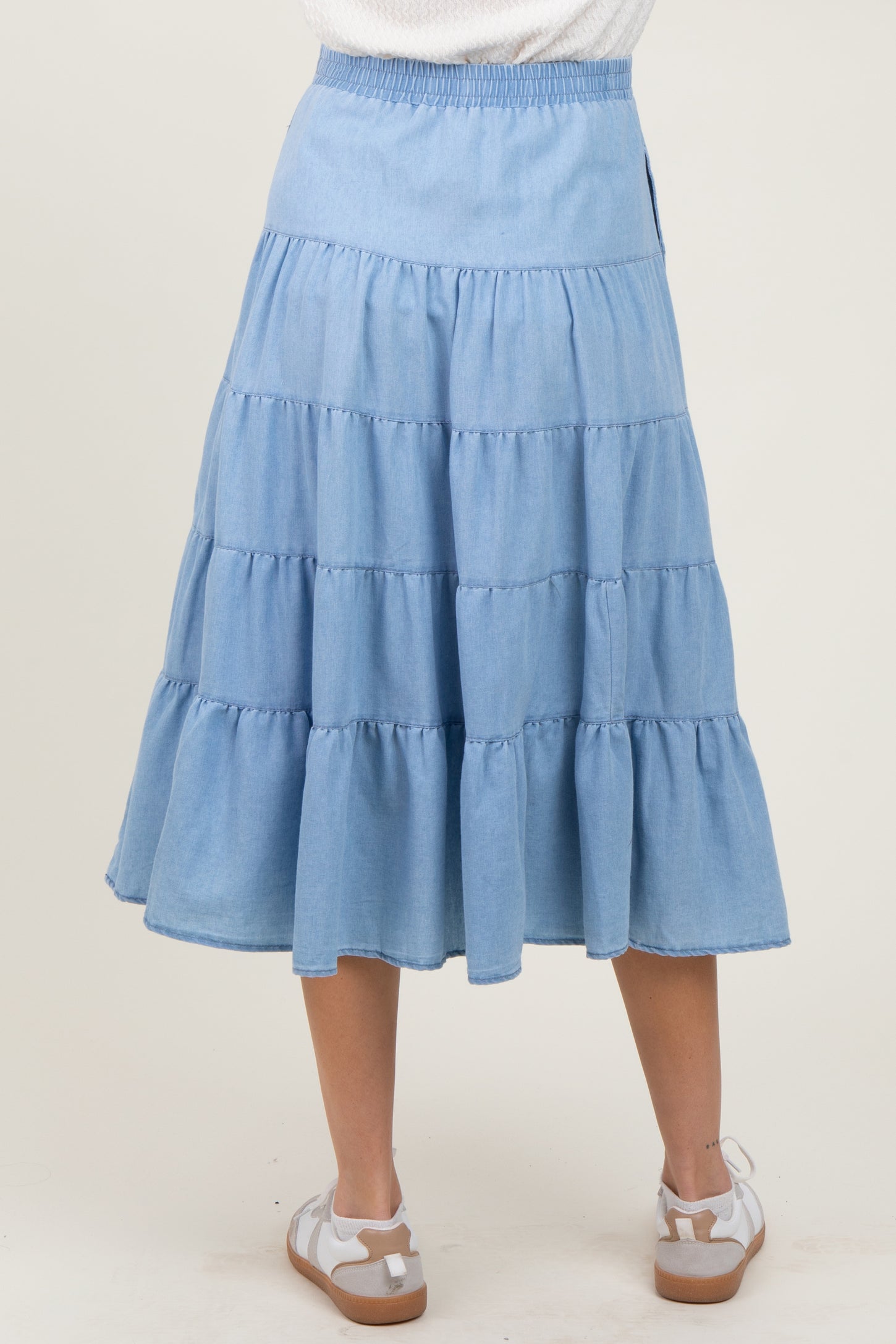Light Blue Tiered Elastic Maternity Midi Skirt