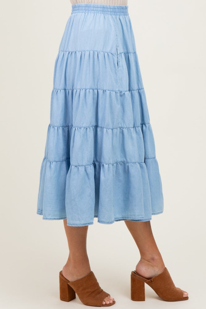 Light Blue Tiered Elastic Midi Skirt