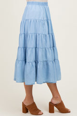 Light Blue Tiered Elastic Midi Skirt