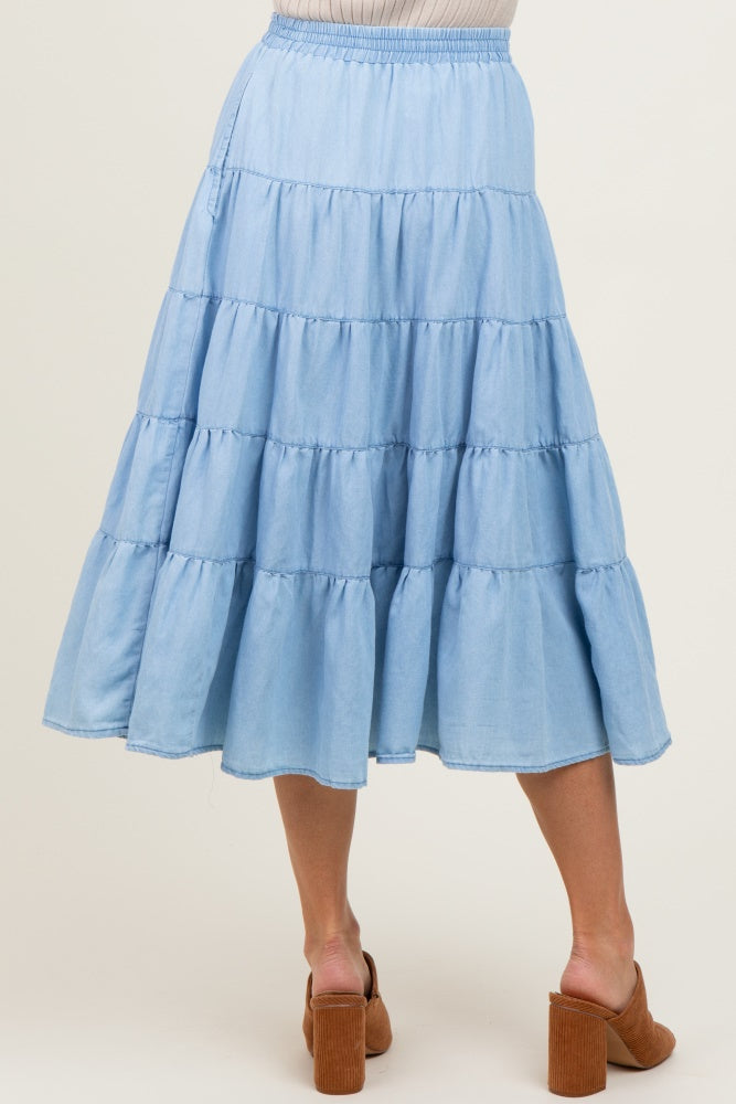 Light Blue Tiered Elastic Midi Skirt