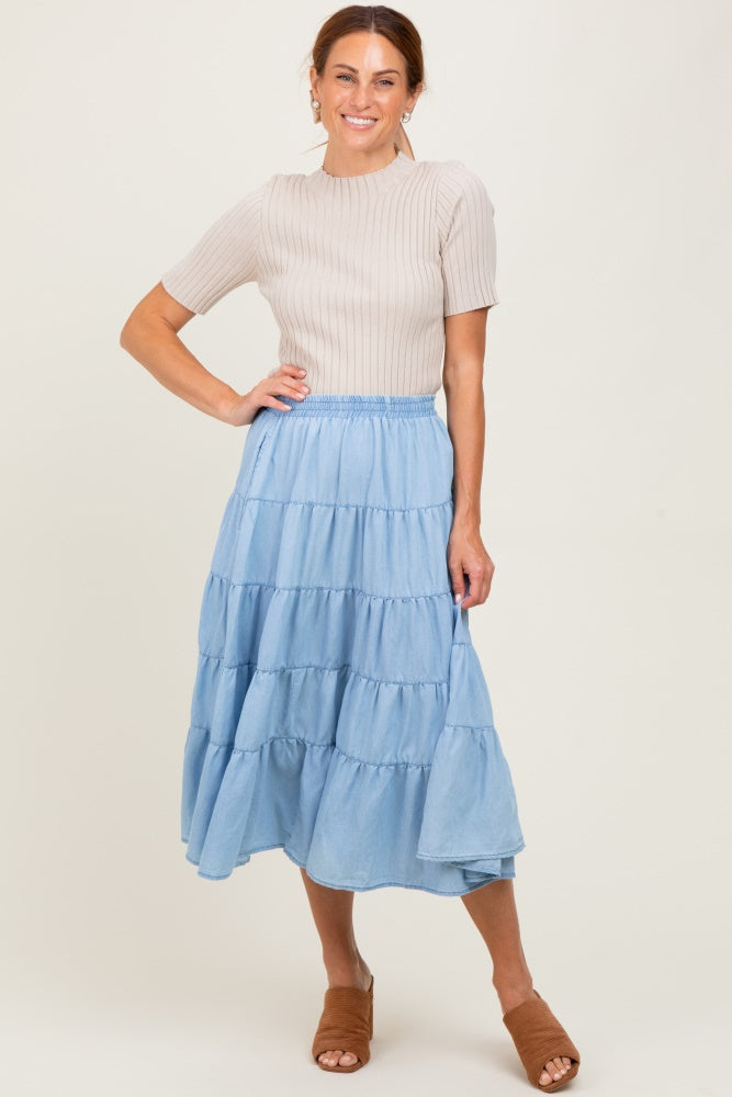 Light Blue Tiered Elastic Midi Skirt