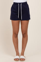 Navy Drawstring Chevron Embroidered Shorts