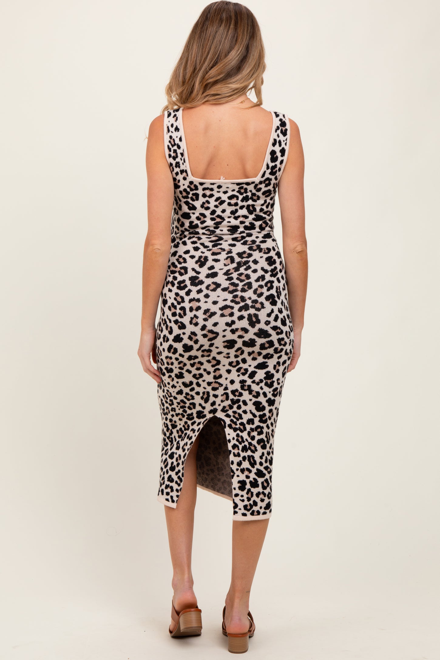 Multicolor Knit Sleeveless Leopard Print Maternity Midi Dress